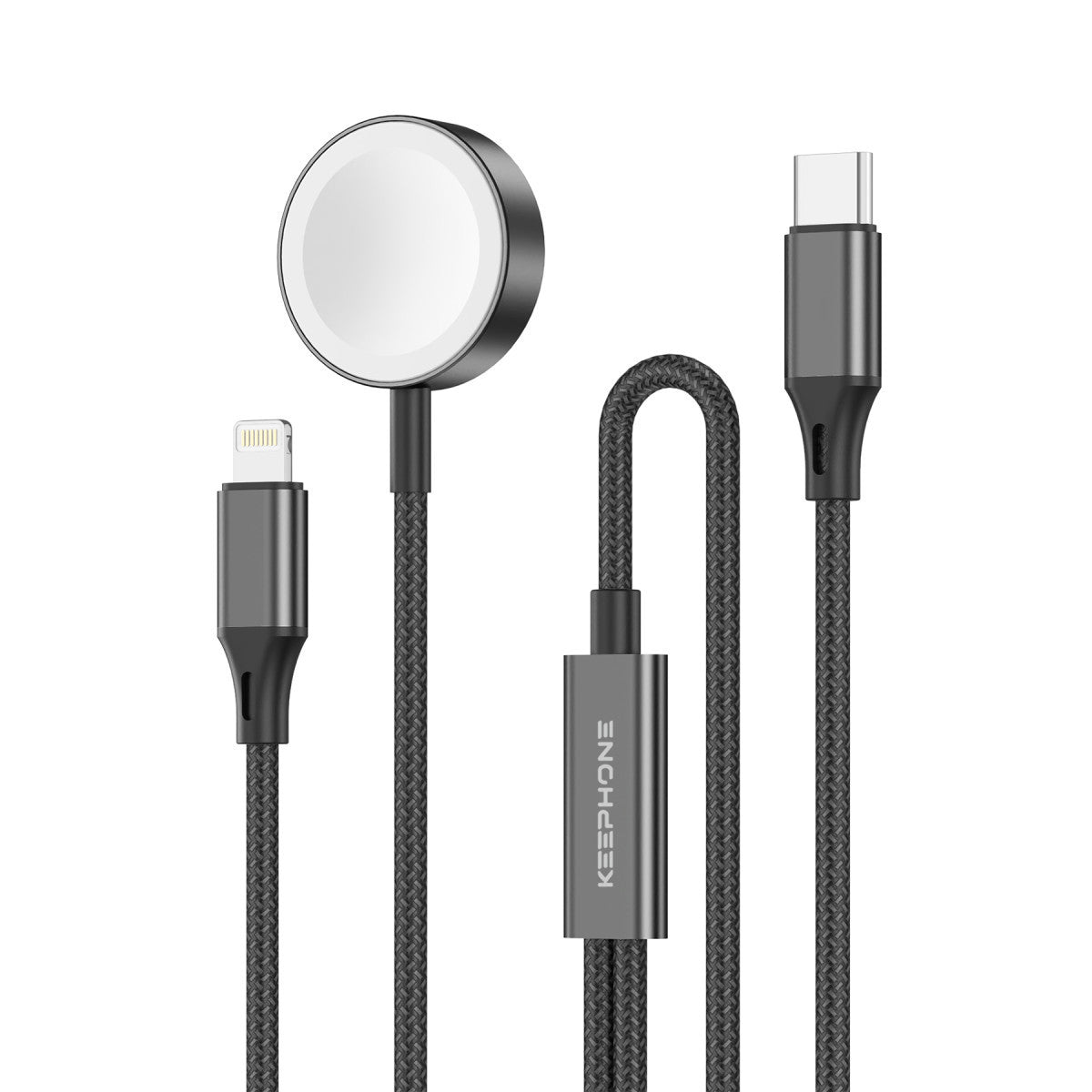 Keephone IC-014 Type-C to Lightning ve Kablosuz Saat Şarj Çıkışlı 2in1 Örgü Hızlı Şarj Kablosu